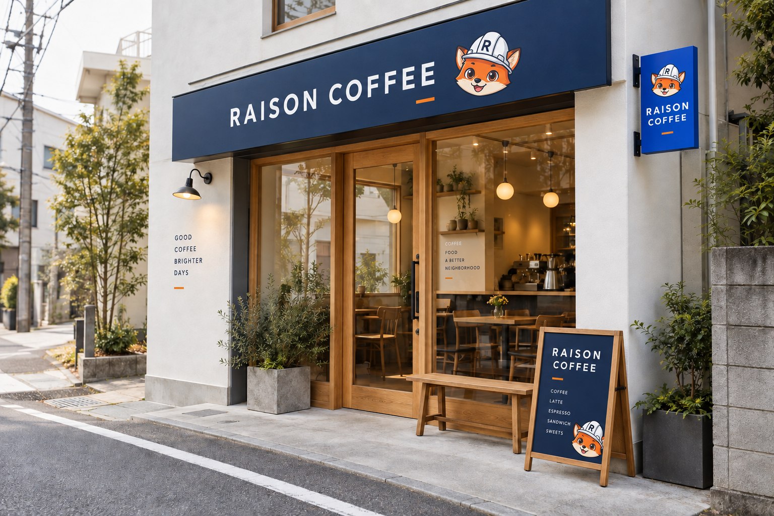 店舗の外観と看板をそろえたデザインイメージ